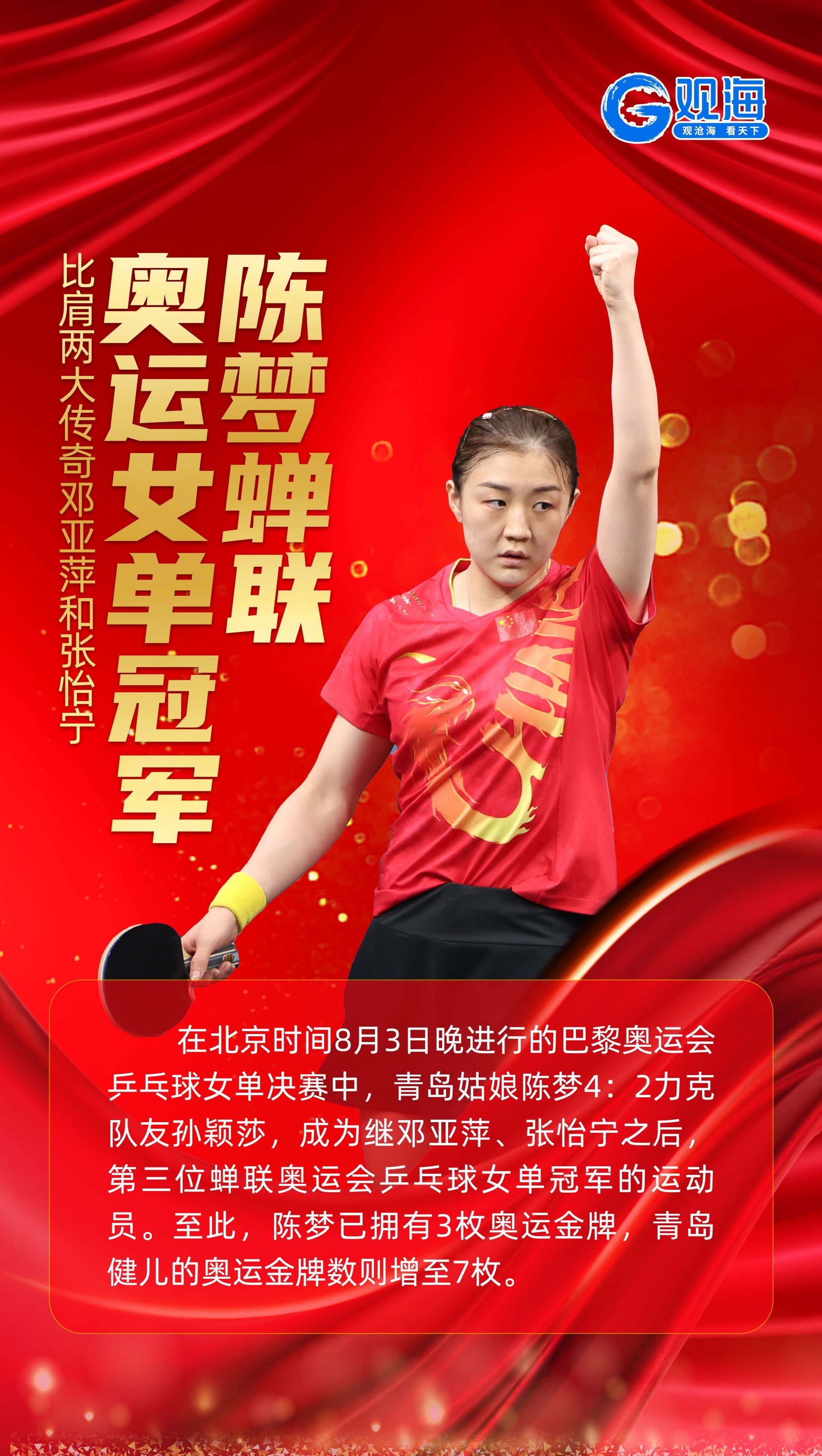 陈梦蝉联奥运会乒乓球女单冠军;青岛机场值机截载时间缩短