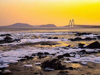 寒潮来袭，丁字湾大桥下海水结冰了！