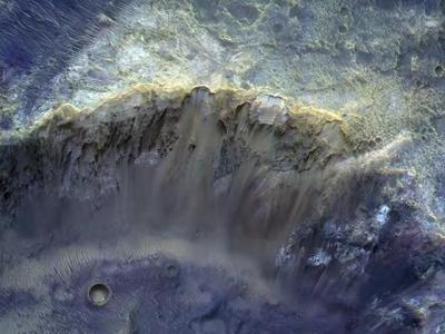 俄罗斯航天集团发布火星表面环形山照片，清晰可见风吹沙沉积物