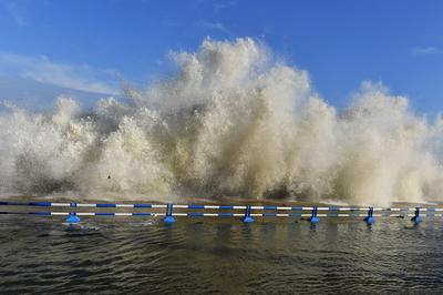 观海追风②| 澳门路海边镜头：浪高10余米冲上栈道，仍有人涉险穿行 