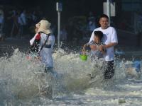观海追风②| 澳门路海边镜头：浪高10余米冲上栈道，仍有人涉险穿行 