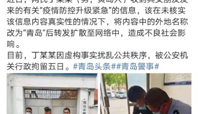 青岛西海岸新区一网民因散布涉疫谣言被行政拘留5日