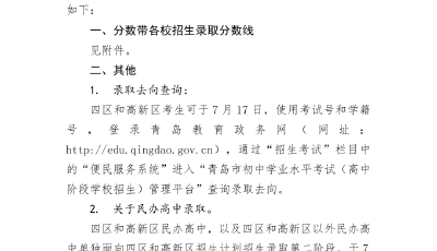 2022年青岛市高中阶段学校第二阶段分数带招生录取分数线公告