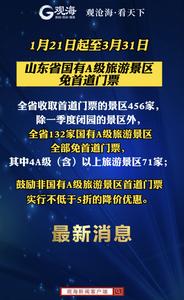 山东：1月21日起至3月31日，全省国有A级旅游景区免首道门票