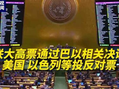 联合国大会高票通过巴以问题相关决议草案，美以等国投反对票