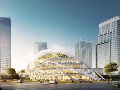 青岛国际邮轮港区启动区核心标志性建筑——“世界之眼”钢拱结构合拢封顶