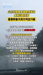 山东升级暴雨橙色预警为暴雨红色预警，雷雨时最大风力可达11级