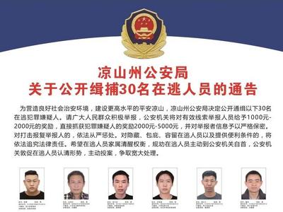 涉诈骗运毒拐卖儿童等！凉山公安公开缉捕30名在逃人员