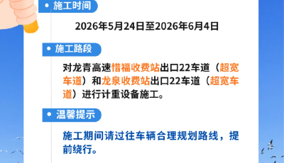 @驾驶员，周知：5月24日起，龙青高速这些路段将进行施工