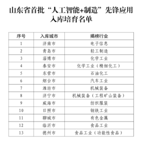 今起公示，山东首批“人工智能+制造”先锋应用入库培育名单来了